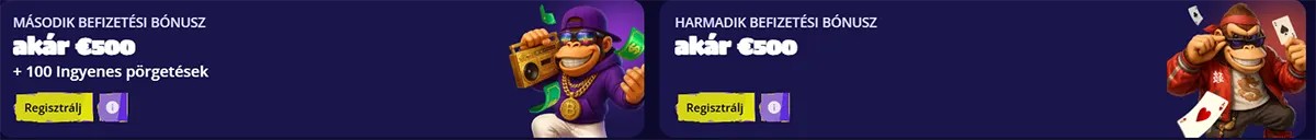 Hungarian casino bonus banners for the second and third deposit offers, each up to €500, with registration buttons, free spins text, and cartoon monkey characters on a dark background.
