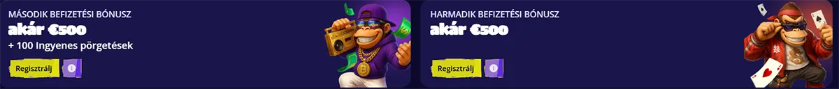 Hungarian casino bonus banners for the second and third deposit offers, each up to €500, with registration buttons, free spins text, and cartoon monkey characters on a dark background.
