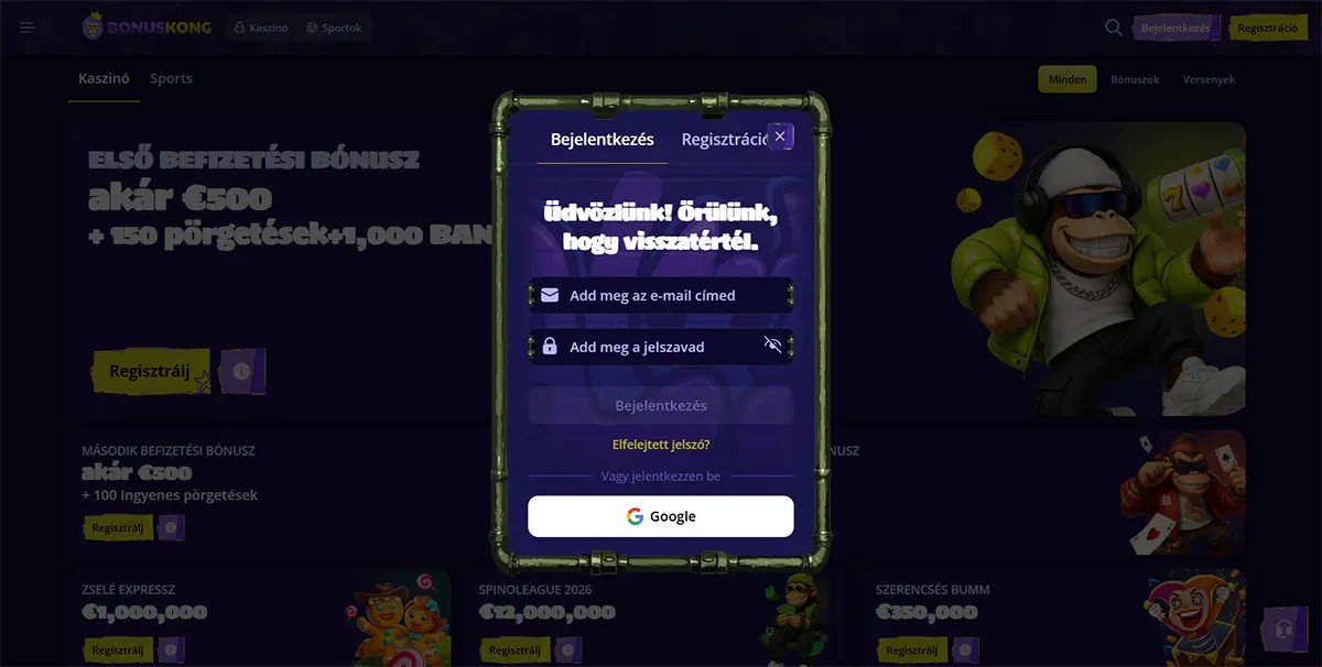 Hungarian casino login popup with email and password fields, Google sign-in option, and a welcome back message displayed over a dark bonus page background.